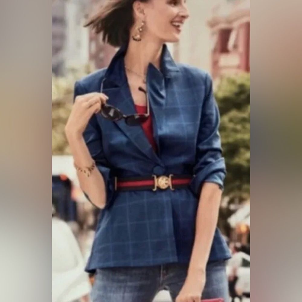 Cabi Sunset Kiss Plaid Blazer Jacket  8 Navy Blue Windowpane 5475 academia